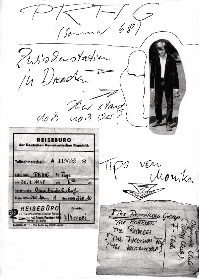 Kollage mit einem Foto (Lothar Tautz, 18 Jahre), Terminschein des Reisebüros und handgeschriebene Notiz