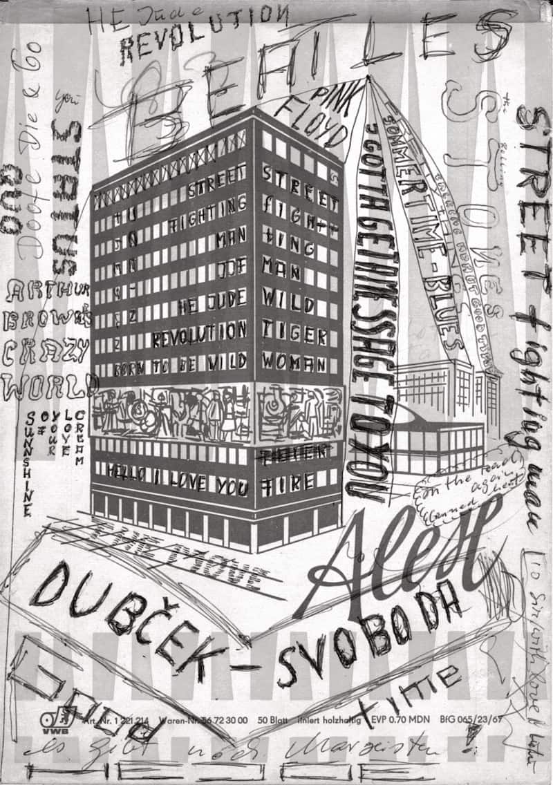 Kritzeleien verscheidener Bands wie Beatles und Rolling Stones auf dem Cover eines Notzblockes aus der DDR